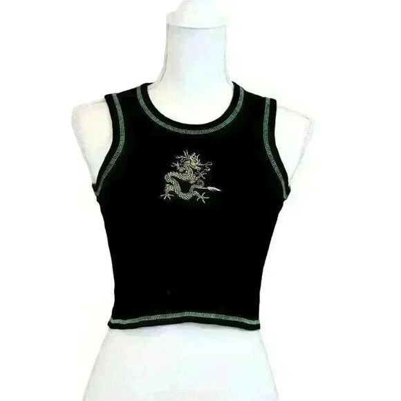 Brandy Melville Black and Green Embroidered Conor Dragon Cropped Tank Top SIze S - Picture 1 of 7